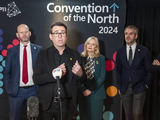 Left to right Jamie Driscoll Mayor North of Tyne, Andy Burnham Mayor of Greater Manchester,Tracy Brabin Mayor of West Yorkshire, Oliver Coppard Mayor of South Yorkshire, Steve Rotheram Mayor of the Liverpool City Region during a press conference at the Convention of the North. Picture: Danny Lawson/PA Wire