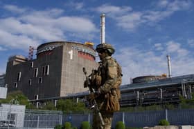 A Russian serviceman patrols the territory of the Zaporizhzhia Nuclear Power Station in Energodar on May 1, 2022. PIC: ANDREY BORODULIN/AFP via Getty Images.