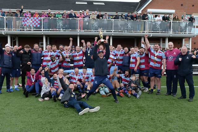 Just champion: Rotherham Titans players and staff celebrate winning the National Two North title in front of their fans at Billingham (Picture: Kerrie Beddows)