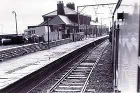 A train pulls through Penistone Station on the Woodhead rail route in 1980.