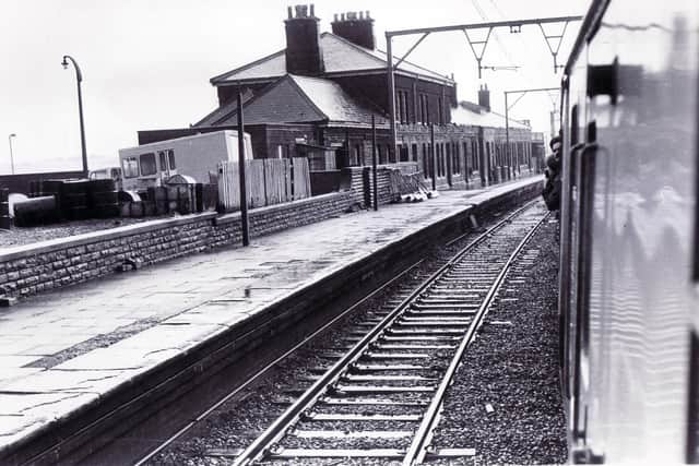 A train pulls through Penistone Station on the Woodhead rail route in 1980.