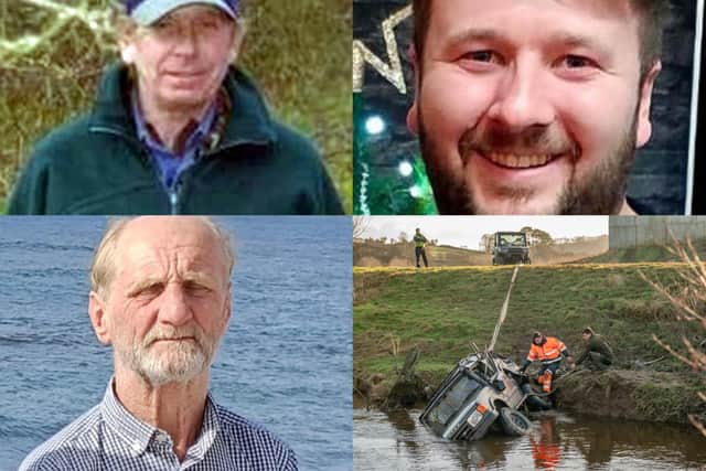 From L to R clockwise: Kenneth Patrick Hibbins, 59, known as Patrick, from York, Scott Thomas Daddy, 28, from Hull, and Leslie Forbes, 70, from the East Yorkshire area, have been named as one of three men who died after a 4×4 vehicle was "swept away" as it attempted to cross the River Esk near Glaisdale.