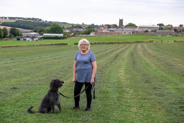 Elaine Earnshaw, livestock secretary for Penistone Show, walks her lurcher Paddy on the showground
