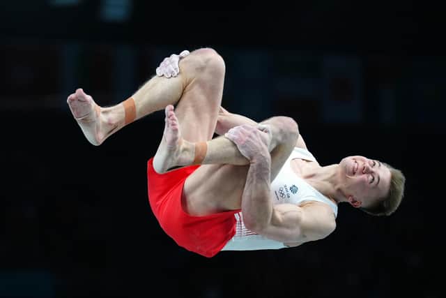 Great Britain's Luke Whitehouse performs on the Horizontal Bar during the Men's Team Final at Bercy Arena (Picture: PA)