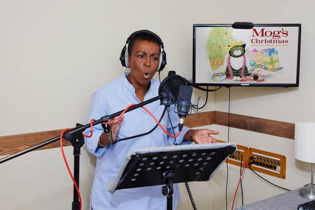 Adjoa Andoh recording Mog’s Christmas. Photo: Matt Monfredi / Channel 4.