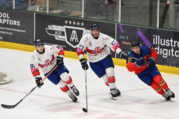 GOOD SHOWING: Sheffield Steelers' duo Brandon Whistle (left) and Cole Shudra impressed in their debut tournament appearances for Great Britain. Picture: Dean Woolley/IHUK Media