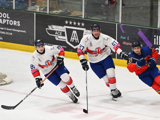 GOOD SHOWING: Sheffield Steelers' duo Brandon Whistle (left) and Cole Shudra impressed in their debut tournament appearances for Great Britain. Picture: Dean Woolley/IHUK Media
