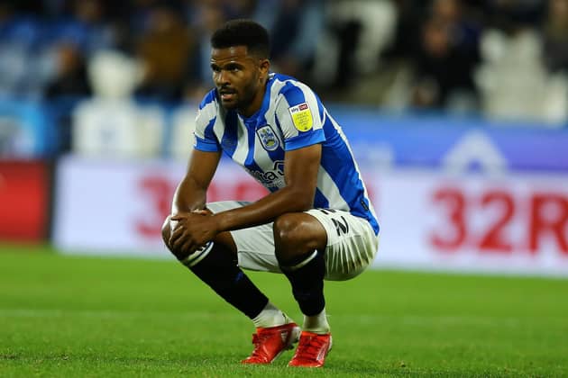 HUDDERSFIELD, ENGLAND - AUGUST 17: Fraizer Campbell of Huddersfield Town reacts during the Sky Bet Championship match between Huddersfield Town and Preston North End at Kirklees Stadium on August 17, 2021 in Huddersfield, England. (Photo by Ashley Allen/Getty Images)