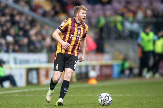 THE GREAT LEVELLER: Brad Halliday scored a first-half equaliser Bradford City in their 2-1 win at Salford City. Picture: Tony Johnson.