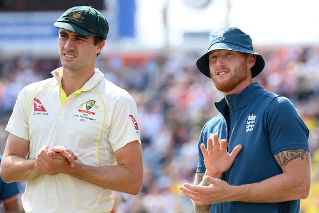 TOO CLOSE TO CALL: England captain Ben Stokes with Australia captain Pat Cummins at the presentations after the 3rd Test Match between England and Australia at Headingley Picture: Stu Forster/Getty Images