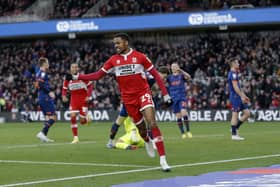 Middlesbrough’s Chuba Akpom celebrates after scoring their sides second goal during the Sky Bet Championship match at the Riverside Stadium, Middlesbrough. Picture: Will Matthews/PA Wire.