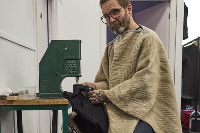At work at HebTroCo HQ in Hebden Bridge, Ed Oxley wears Satisf-Action Blanket in Biscotti, £120, at hebtro.co.