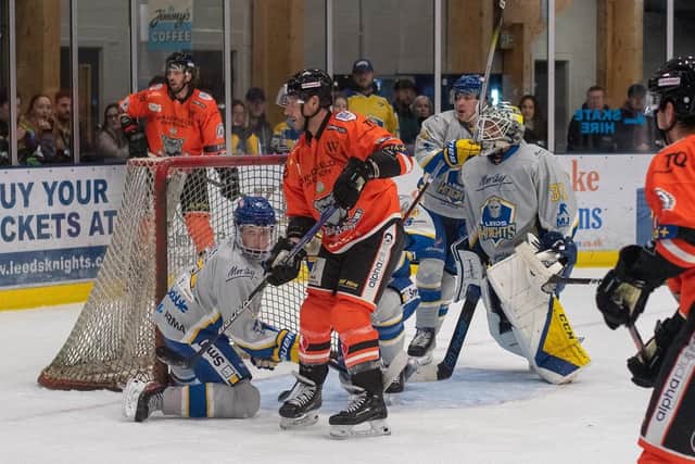 BAD DAY AT THE OFFICE: Jonathan Phillips (Centre), pictured during last Sunday's 5-0 defeat at Elland Road Ice Arena against Leeds Knights. Picture: Jacob Lowe/Leeds Knights.