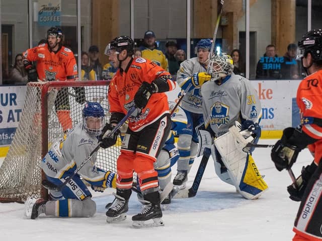 BAD DAY AT THE OFFICE: Jonathan Phillips (Centre), pictured during last Sunday's 5-0 defeat at Elland Road Ice Arena against Leeds Knights. Picture: Jacob Lowe/Leeds Knights.