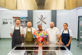 Cal Byerley, from Northumberland and Newcastle’s Scott John-Hodgson, head chef at one Michelin starred Solstice by Kenny Atkinson join Yokrshire chefs Adam Degg from Horto at Rudding Park and Samira Effa from Restaurant eightyeight at Grantley Hall. ALso pictured host of the Great British Menu Andi Oliver. 
Picture: Optomen Television Ltd.