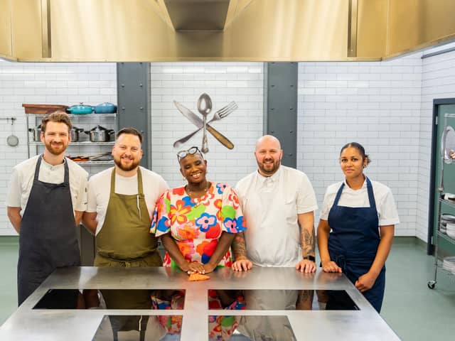 Cal Byerley, from Northumberland and Newcastle’s Scott John-Hodgson, head chef at one Michelin starred Solstice by Kenny Atkinson join Yokrshire chefs Adam Degg from Horto at Rudding Park and Samira Effa from Restaurant eightyeight at Grantley Hall. ALso pictured host of the Great British Menu Andi Oliver. 
Picture: Optomen Television Ltd.