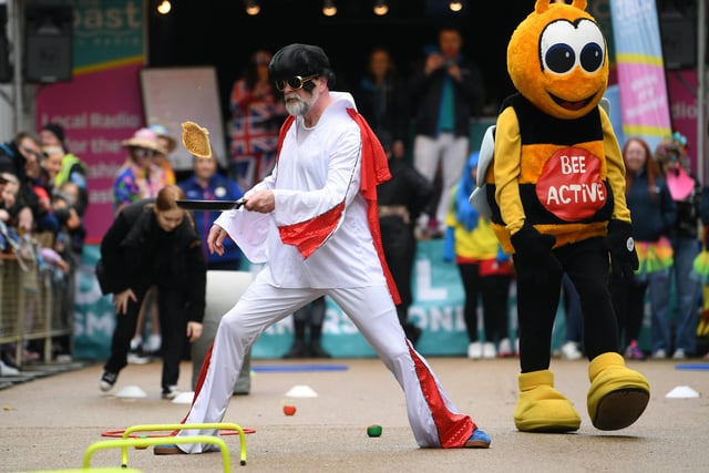 Elvis and a bee participating in pancake activities.
