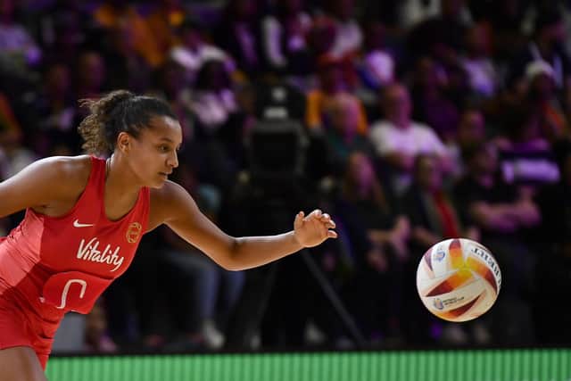 Catch that: Imogen Allison of England during the Netball World Cup 2023, final match between England and Australia at Cape Town International Convention Centre (Picture: Ashley Vlotman/Gallo Images/Netball World Cup 2023 via Getty Images)