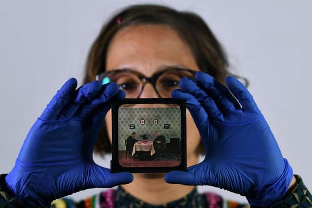 Magic lantern slides recently acquired by the National Science and Media Museum. Many of the slides have a local Yorkshire connection, telling a rich visual story of local heritage. Pictured conservator Vanessa Torres.