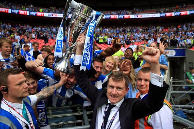 HAPPY DAYS: Chairman Dean Hoyle celebrates Huddersfield Town's Championship play-off final win over Reading at Wembley in 2017