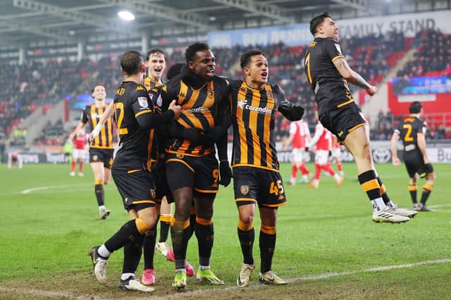 CONFIDENCE: Hull City's Noah Ohio celebrates with team-mates after scoring his team's second goal against Rotherham United at the AESSEAL New York Stadium Picture: Matt McNulty/Getty Images
