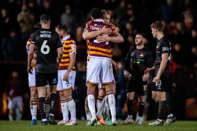 Bradford City duo Jonathan Tomkinson and Ciaran Kelly celebrate at full time after the EFL Trophy win over Doncaster Rovers. Picture: Bruce Rollinson.