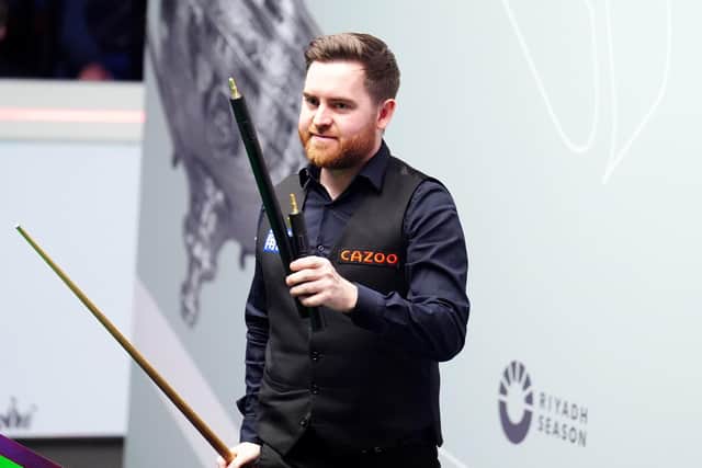 SHOCKER: Jak Jones celebrates victory against Judd Trump to reach the semi-finals of the World Snooker Championship at the Crucible Theatre, Sheffield. Picture: Mike Egerton/PA