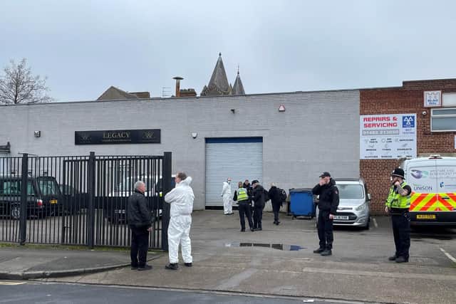 Police outside the Hessle Road branch of Legacy Independent Funeral Directors in Hull. Photo credit: Dave Higgens/PA Wire