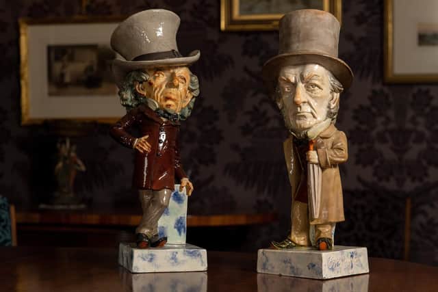 Caricatures of Gladstone and Disraeli. Staffordshire caricatures of Gladstone & Disraeli probably produced for the export market by Wayte & Ridge of Staffordshire