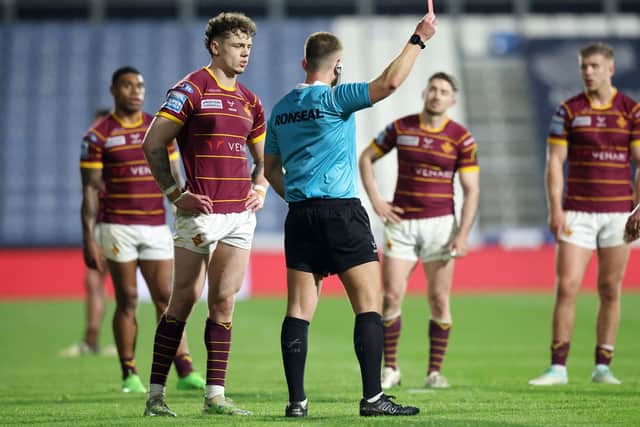 The red card rounded off a difficult night for Elliot Wallis. (Photo: Ed Sykes/SWpix.com)