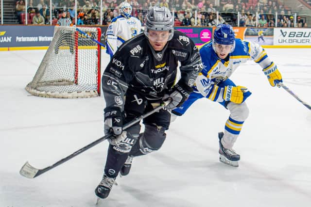 GAME-WINNER: Hull Seahawks' Jack Musil tipped in on the power play for what proved to be the match-winning goal against Sheffield Steeldogs on Sunday night. Picture: Amy Blossom/Seahawks Media.