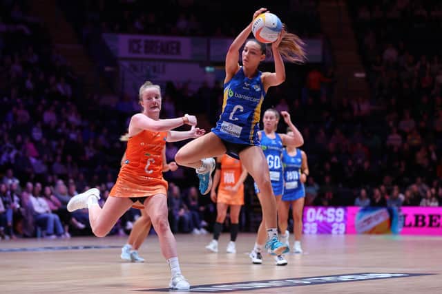 Hanging on: Cassie Howard of Leeds Rhinos, right, in action against Severn Stars in the Netball Super League 2024 Season Opener at Motorpoint Arena Nottingham (Picture: Jan Kruger/Getty Images for England Netball)
