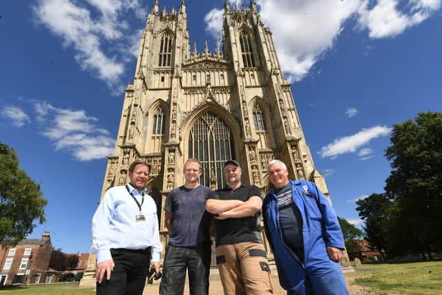 Feature on Beverley Minster..The Minster team pictured from the left are Simon Delaney (Minster Surveyer), Rob Dodson (Mason), Dennis Massey (Mason), and Steve Rial (Plumber, Glazier).