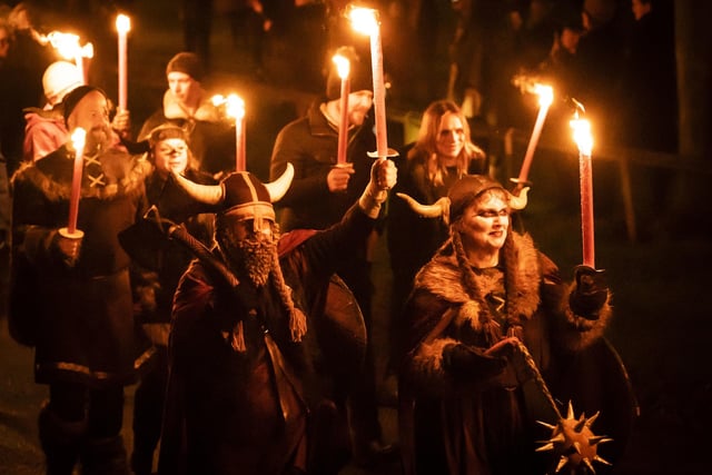 The Flamborough Fire Festival, a Viking themed parade in aid of charities and local community groups, held on New Year's Eve in Flamborough near Bridlington, Yorkshire. Picture date: Saturday December 31, 2022.