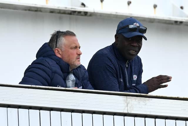 Darren Gough, left, and Ottis Gibson believe that the players are in a much better place than they were 12 months ago as Yorkshire target an instant return to the Championship's top flight. Photo by Gareth Copley/Getty Images.
