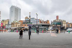 View of outside Leeds City Station looking towards Bishopgate photographed by Tony Johnson.