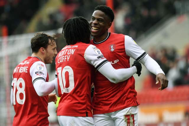 Chiedozie Ogbene celebrates after scoring for Rotherham United against Bristol City on Saturday lunch-time. Picture: Jonathan Gawthorpe