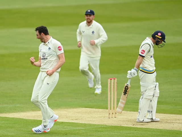 Toby Roland-Jones celebrates the wicket of Yorkshire's Adam Lyth. Photo by Alex Davidson/Getty Images.