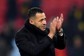 WATFORD, ENGLAND - DECEMBER 11: Manager of Hull City, Liam Rosenior salutes the fans after the Sky Bet Championship between Watford and Hull City at Vicarage Road on December 11, 2022 in Watford, England. (Photo by Tom Dulat/Getty Images)