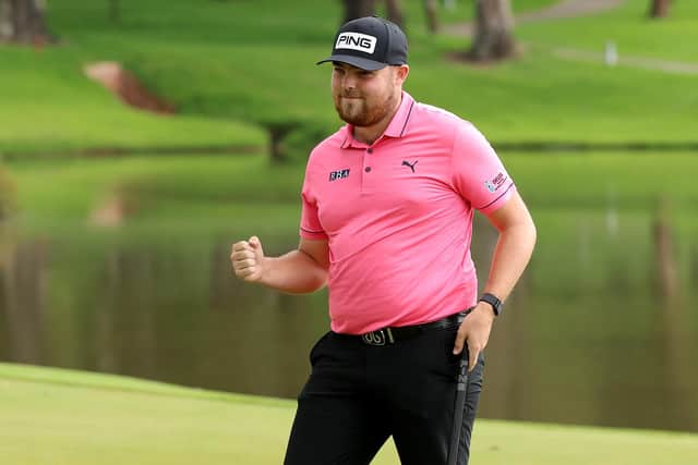 Wakefield's Dan Bradbury celebrates on the 18th hole during the final round of the Joburg Open at Houghton GC on November 27, 2022 in Johannesburg (Picture: Luke Walker/Getty Images)