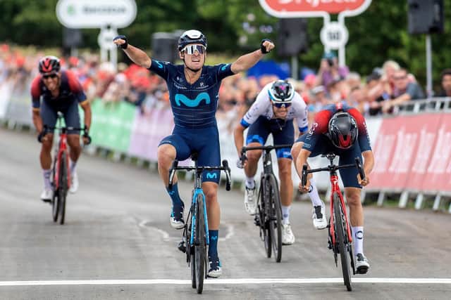 Gonzalo Serrano (Moviestar Team) beats Tom Pidcock (Team Ineos) on the line to win stage four of the Tour of Britain. (Picture: Bruce Rollinson)