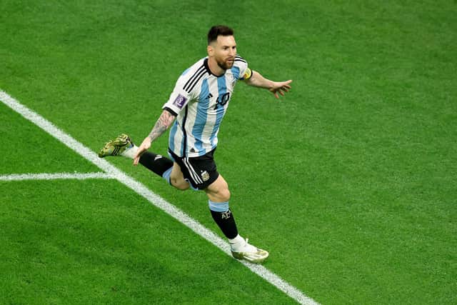 DOHA, QATAR - DECEMBER 03: Lionel Messi of Argentina celebrates after scoring the team's first goal during the FIFA World Cup Qatar 2022 Round of 16 match between Argentina and Australia at Ahmad Bin Ali Stadium on December 03, 2022 in Doha, Qatar. (Photo by Alexander Hassenstein/Getty Images)