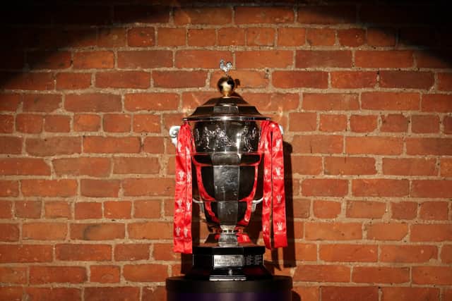 MANCHESTER, ENGLAND - OCTOBER 10: The Men's Rugby League World Cup 2021 trophy is seen on display during the Rugby League World Cup 2021 Tournament Launch events at the Science and Industry Museum on October 10, 2022 in Manchester, England. (Photo by Jan Kruger/Getty Images for RLWC2021)