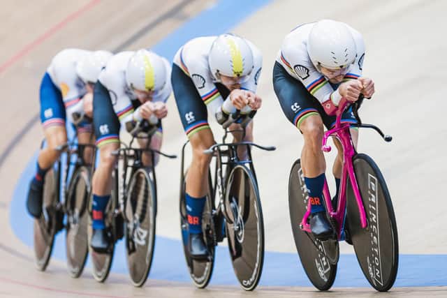 Charlie Tanfield, Ollie Wood, Ethan Vernon and Dan Bigham of Great Britain during the Men's Team Pursuit qualifying at the European Championships (Picture: Alex Whitehead/SWpix.com)