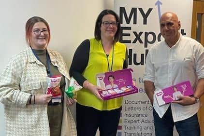 Emma Jickells, Export Documentation Supervisor at the Mid Yorkshire Chamber of Commerce, and Emma Sinfield, Membership Executive at the Mid Yorkshire Chamber of Commerce, with Andrew Coulson, Founder of Novo Nutrition Ltd. (left to right.)