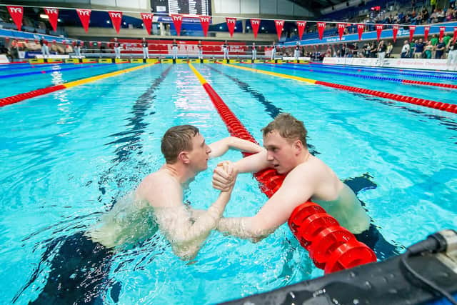 Max Litchfield is congratulated by his brother Joe as he breaks the British record for the 400 IM back in 2018 (Picture: Allan McKenzie/SWPix.com)