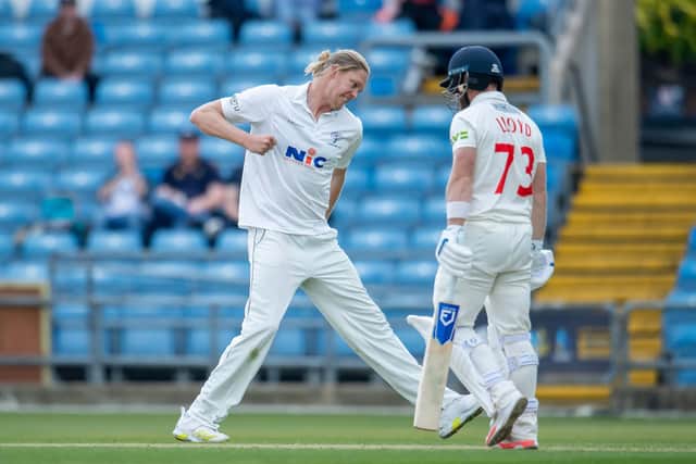 Yorkshire's Mickey Edwards celebrates dismissing Glamorgan's David Lloyd in the last action of day two. Picture by Allan McKenzie/SWpix.com