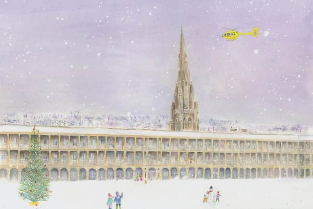 This year's Christmas card by Anita Bowerman for the Yorkshire Air Ambulance features the Piece Hall