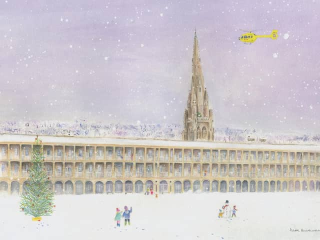 This year's Christmas card by Anita Bowerman for the Yorkshire Air Ambulance features the Piece Hall