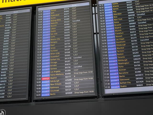 A departure board at Heathrow Airport as disruption from air traffic control issues continues across the UK and Ireland. PIC: Lucy North/PA Wire